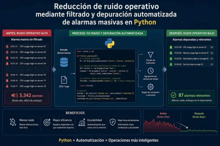 Infografía del filtrado automático de alarmas: de 5.342 alarmas a 87 relevantes