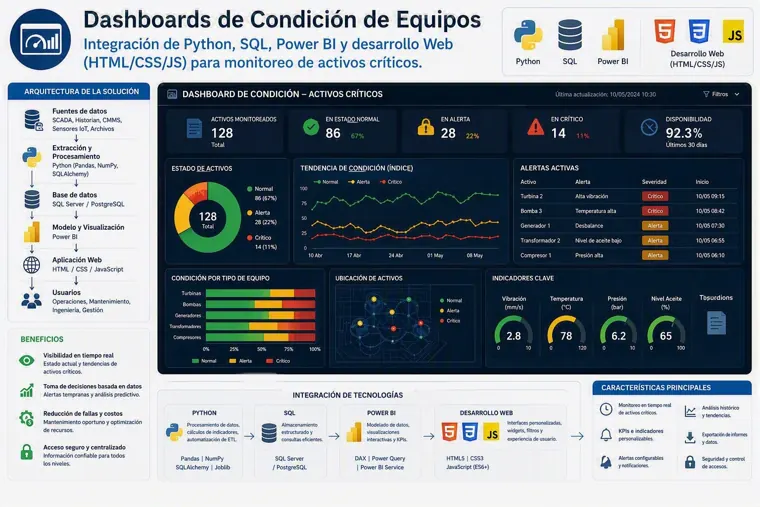 Infografía de un tablero de condición de activos críticos con indicadores y alertas