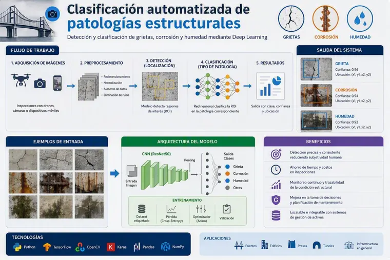 Infografía del sistema de deep learning que clasifica grietas, corrosión y humedad en estructuras